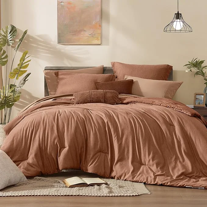 Fast Monbix Super King Comforter Set Autumn Leaf Cationic Dyeing Bedding Set Reversible Bed in a Bag 7 Pieces with Comforter Sheets Pillowcases amp Shams Minimalist