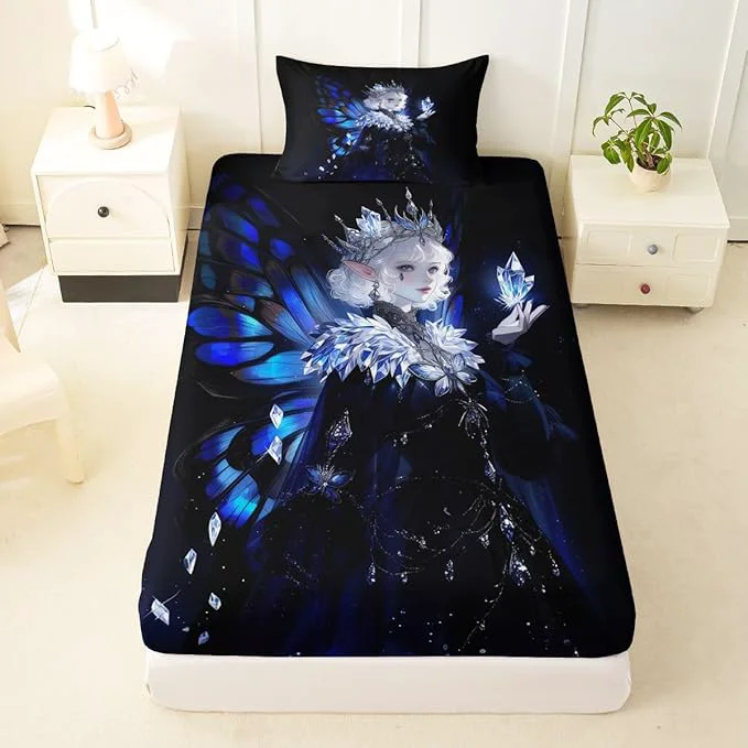 Selected Erosebridal Gothic Girls Fitted Sheet for Boys Girls Kids A Girl Wearing A Crown Twin Bed Sheets Butterfly Diamond Feather Print Sheets Coquette Princess Bedding Sets No Top Sheet Functional