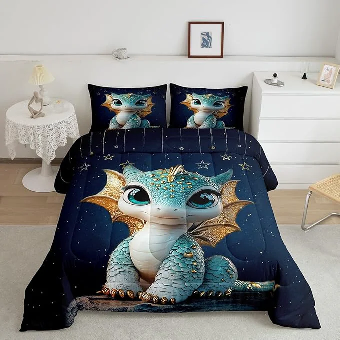 Professional Feelyou Dragon Comforter Set King Size Dragon Stuff Comforter for Boys Girls Teens Wild Life Bedding Set Dragon Decor Duvet Set Room Decor Navy Blue Quilt Set High-End