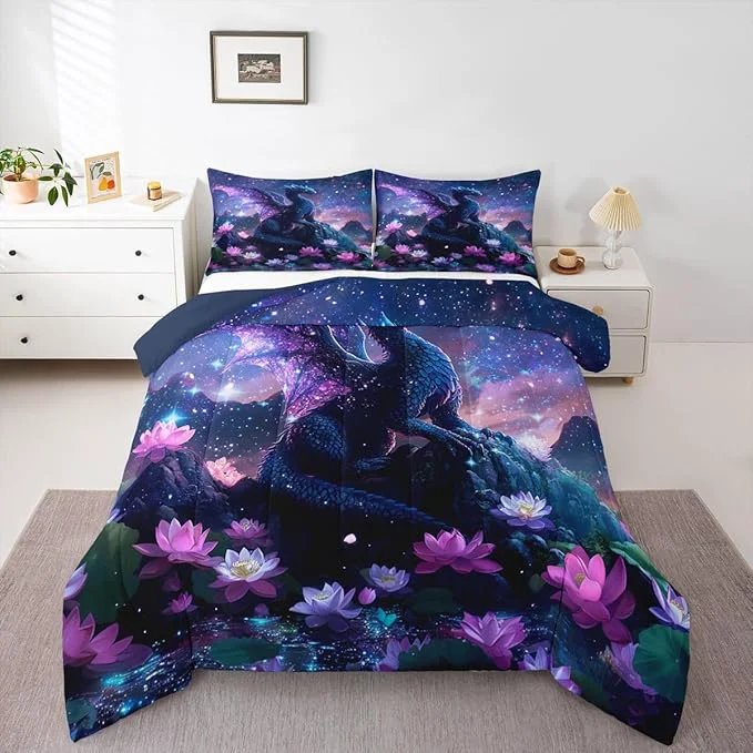 Efficient Feelyou Dragon Kids Comforter Set Toddler Size Dragon Stuff Bedding Set Wild Life Duvet Quilt for Kids Boys Girls Bedroom Wildlife Decor Blue Purply Ultra Soft Breathable Quality