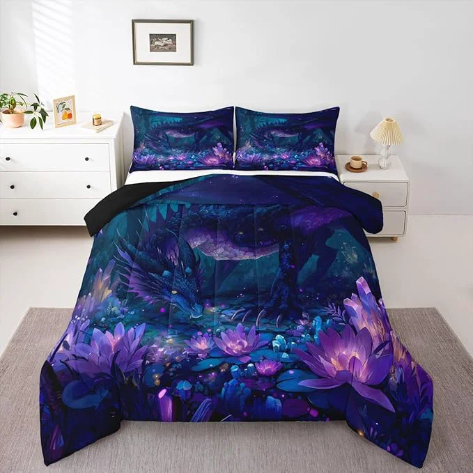 Selected Feelyou Dragon Comforter Set King Size Dragon Stuff Bedding Set for Kids Boys Girls Wild Life Duvet Quilt Wildlife Bedroom Decor Purple and Black Microfiber 3 Pcs with 2 Pillow Cases Classic