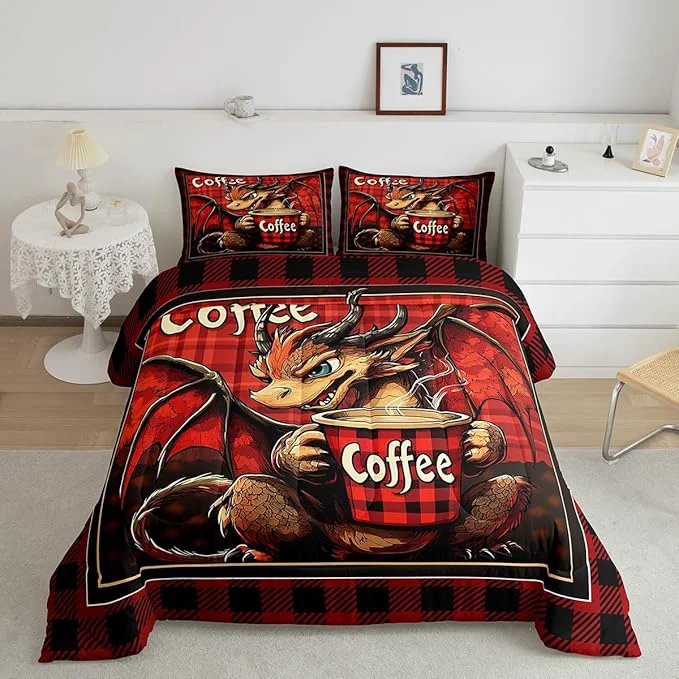 Environmentally Friendly Feelyou Dragon Comforter Set Toddler Size Dragon Stuff Comforter for Boys Girls Teens Coffee Bedding Set Dragon Decor Duvet Set Room Decor Red Brown Quilt Set Fast