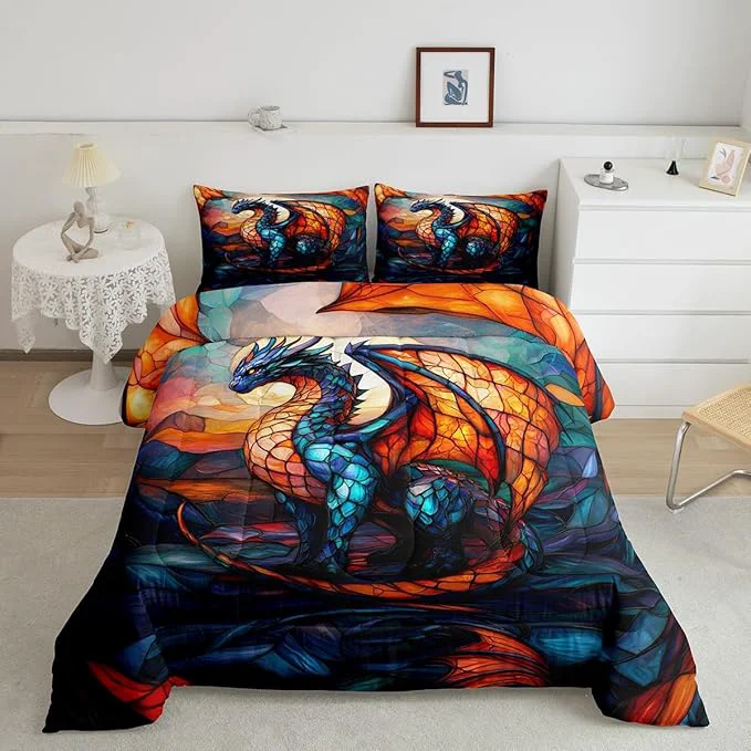 Fine Feelyou Dragon Comforter Set King Size Dragon Stuff Comforter for Boys Girls Teens Wild Life Bedding Set Dragon Decor Duvet Set Room Decor Orange Blue Quilt Set Practical
