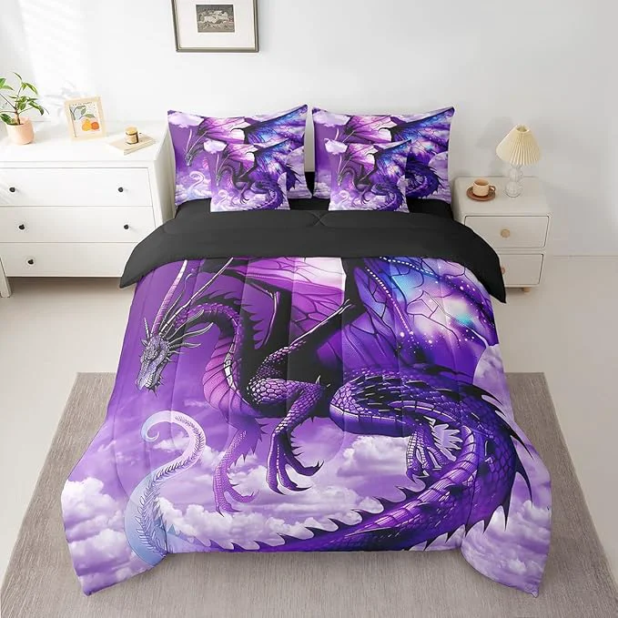 Recyclable Erosebridal 3D Dragon 7 Piece Comforter Set Full Bed in a Bag Fantasy Dragon Wings Vintage Gothic Bedding Sets Prehistoric Wildlife Sheet Set with Comforter Functional
