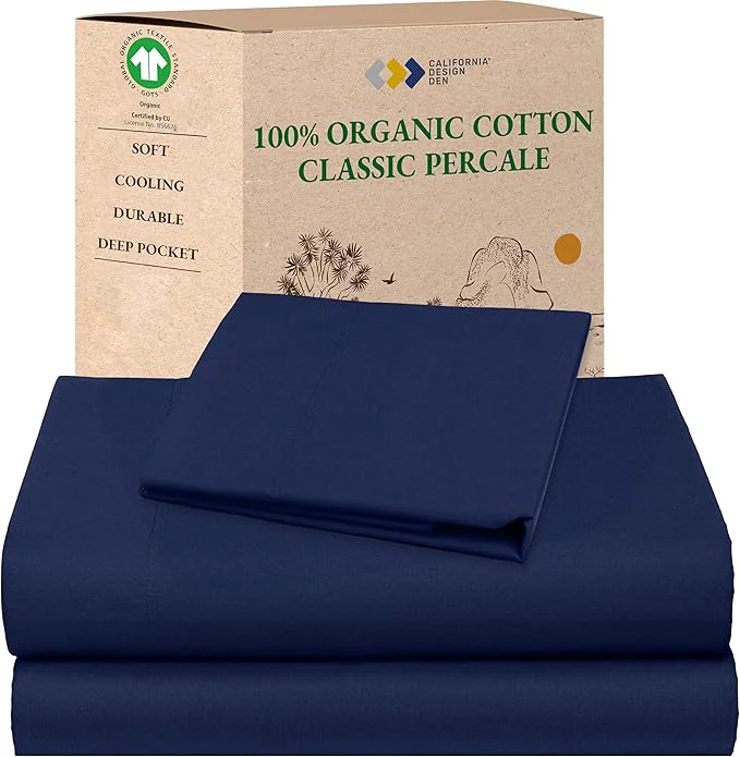 Fine California Design Den Twin Bed Sheet Set - Soft Organic Cotton Sheets with Deep Pockets Crisp Percale Breathable and Durable Bedding Set - Navy Blue Refined
