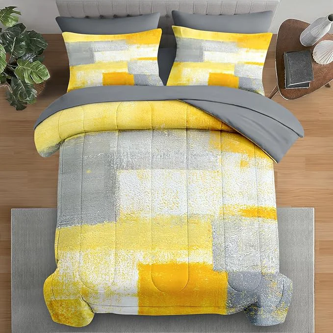 First-Class Comforter Set Queen Size Grey Yellow Painting Gray 7 Pcs Bedding for Kids and Adults Office Contemporary Abstract Bed Sheet Sets with Fitted Sheet 2 Pillowcase amp 2 Sham for Bedroom Bed Decor Sustainable