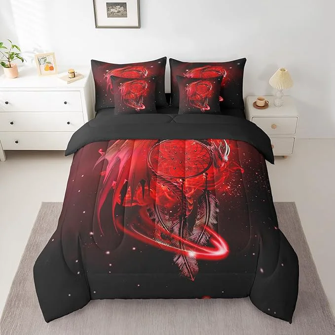 Traditional Erosebridal Gothic Dragon Dream Catchers Comforter Set 7 Piece Bed in a Bag Twin Red Galaxy Bohemian Feather Bedding Sets Antique Animal Pterosaur Sheet Set with Comforter Sophisticated