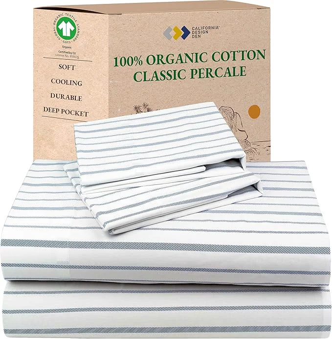 Natural California Design Den Stripe Sheets Queen Size Set - Organic Cotton Soft and Crisp Percale Durable Deep Pocket Queen Sheets amp Pillowcase Set - Blue Stripe Detailed