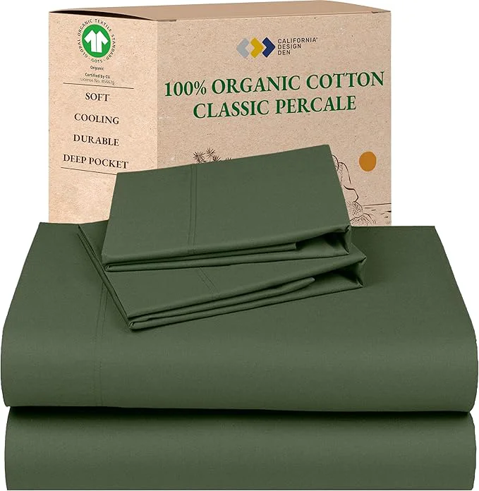 Reusable California Design Den Bedsheets King Size Bed Set - Soft Organic Cotton Sheets with Deep Pockets Crisp Percale Breathable and Durable Bedding Set - Olive Green Selected