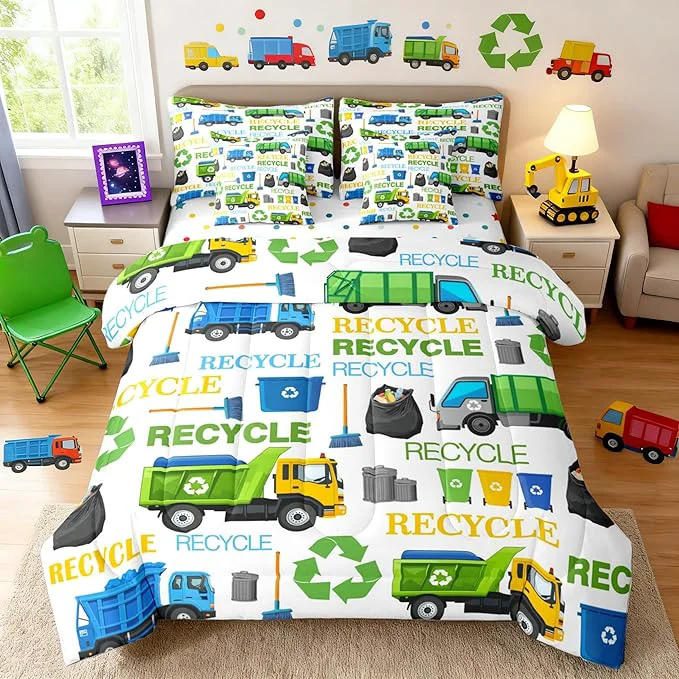 Reliable Castle Fairy Garbage Truck Full Size Comforter Set Cartoon Car Vehicle Trash Can Bedding Sets Recycling Trucks Decor All Season Comforter Flat Sheet Fitted Sheet 2 Pillowcases 2 Pillow Covers 7 Pcs Long-Lasting