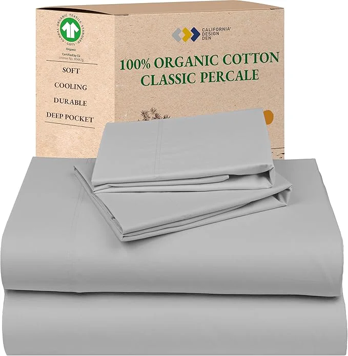 Quality California Design Den California King Sheets Set - Soft Organic Cotton Sheets with Deep Pockets Crisp Percale Breathable and Durable Bedding Set - Light Grey Responsible