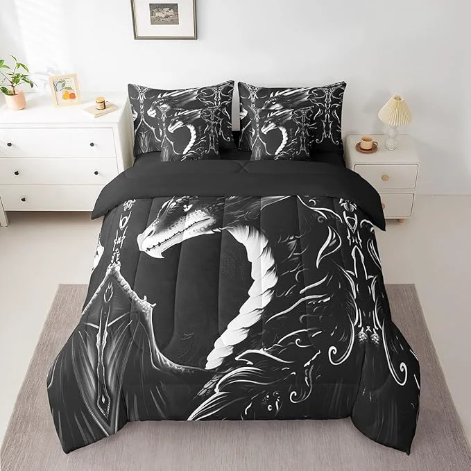 Certified Erosebridal 3D Dragon Bed in a Bag King Size Comforter Set 7 Pieces Vintage Gothic White Black Dragon Bedding Sets Antique Wildlife Mythical Animal Sheet Set with Comforter Trusted
