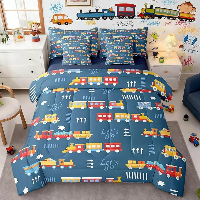 Trusted Cartoon Train Boys Queen Bedding Sets 7 Pieces Red Yellow Cute Trains Comforter Set Hand Drawn Style Graffiti Decor Hippie All Season Comforter Flat Sheet Fitted Sheet 2 Pillowcases 2 Pillow Covers Carefully Designed