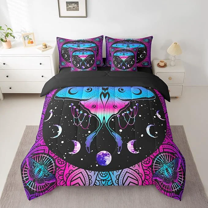 Next-Generation Erosebridal Exotic Moth Bed in a Bag Queen Comforter Set 7 Piece Sun and Moon Bedding Sets Bohemian Flowers Sheet Set with Comforter Smooth
