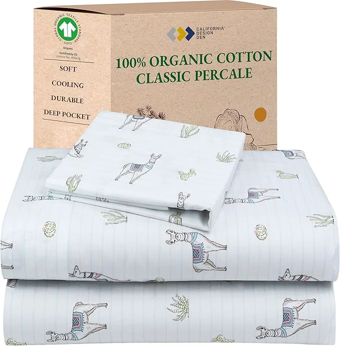 Classic California Design Den Printed Twin Sheet Set Cotton Organic Cotton Percale Sheets Deep Pocket Twin Sheets amp Pillowcase Set - Llama Selected