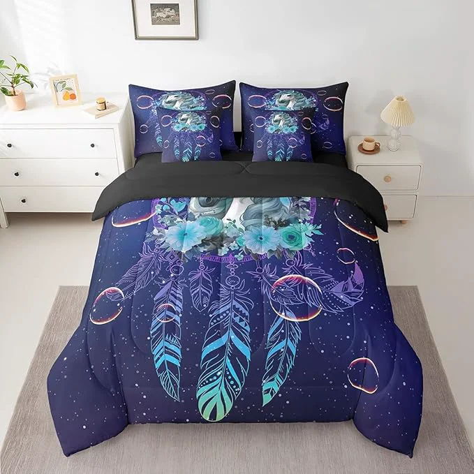 Original Unicorn Comforter Set 7 Piece Bed in a Bag Twin Dream Catchers Feather Bedding Sets Dreamy Horse Animal Sheet Set with Comforter Fast