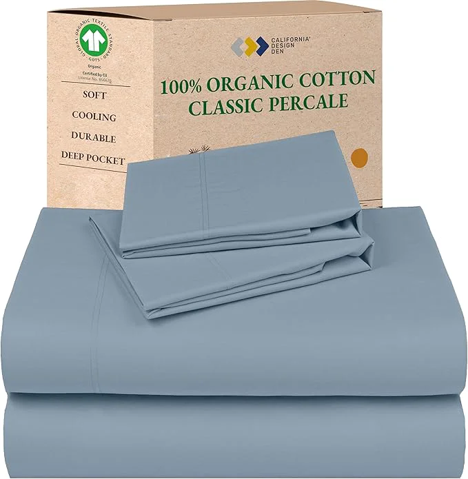 Original Design California Design Den Soft Organic Sheets Full Size Bed Set with Deep Pockets - Crisp Percale Sheets Breathable and Durable Bedding Set - Blue Hydrangea Relaxed