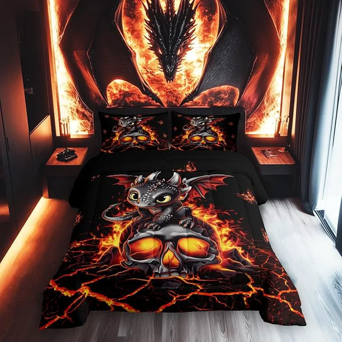 Exclusive Castle Fairy Cartoon Dragon Bedding Set Queen Size Black Skull Flame Crack Comforter for Child Toddler Teens Lovely Halloween Dragon Down Comforter Neon Red Butterfly Duvet Insert with 2 Pillowcases Reusable