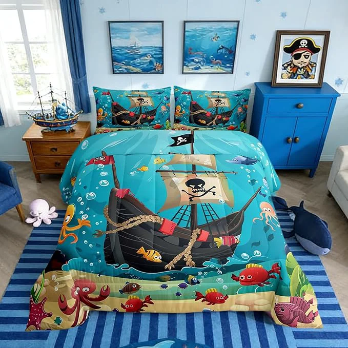 Pure Castle Fairy Cartoon Pirate Ship Comforter Set King Size for Kids Marine Adventure Bedding Sets All Season Underwater Fish Quilt Set Bedroom Decor Cute Octopus Jellyfish Down Comforter 3Pcs Breathable