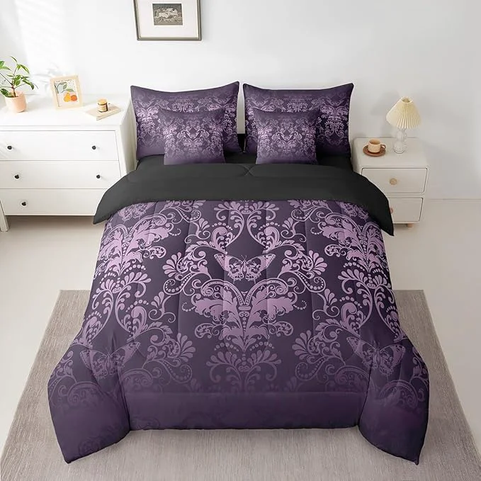 Genuine Erosebridal Gothic Damask 7 Piece Comforter Set Full Bed in a Bag Butterfly Skull Bedding Sets Purple Victorian Floral Goth Sheet Set with Comforter High-Performance