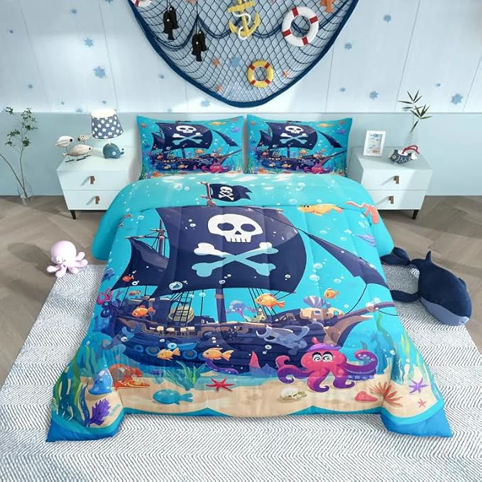 Original Design Castle Fairy Cartoon Pirate Boat Comforter Set King Size Cute Octopus Ocean Fish Bedding Set Bedroom Decor Funny Undersea World Quilt Set for Kids Boys Girls Watercolor Seaweed Duvet Insert 3Pcs Solid