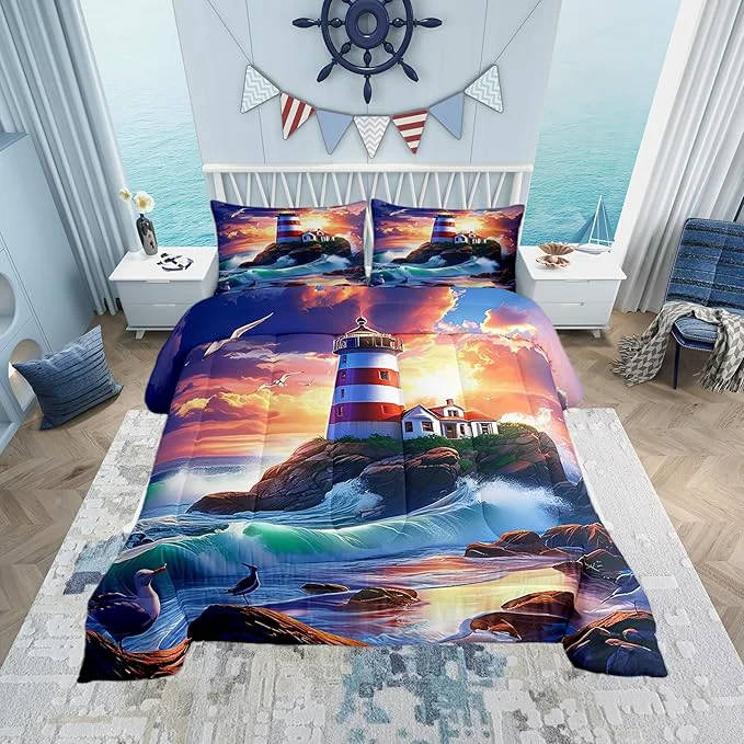 Fine Castle Fairy 3D Lighthouse Comforter Set Queen Size Dreamy Sunset Sky Bedding Set Toddler Bedroom Decor Natural Coastal Scenery All Season Quilt Set Ocean Wave Bedding Comforter Sets 3Pcs Durable