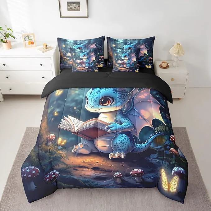Soft 3D Cartoon Dragon Comforter Set 7 Pieces King Size Western Fairy Tale Bedding Set for Kids Sparkling Pink Butterfly Comforter Fitted Flat Sheet 2 Pillowcases 2 Throw Pillow Covers Excellent