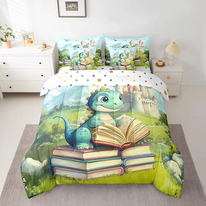 Casual Kawaii Dinosaur Comforter Set Full Size Castle Mountain Scenery Bedding Set for Kids Teens Cartoon Wild Animal Comforter Fitted Flat Sheet 2 Pillowcases 2 Throw Pillow Covers 7 Pieces Certified