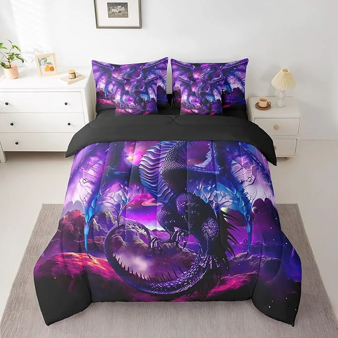 Modern Erosebridal Dragon Comforter Set 7 Piece Bed in a Bag Twin Vintage Dreamy Blue Dragon Wings Bedding Sets Prehistoric Mythical Animal Sheet Set with Comforter High-Grade