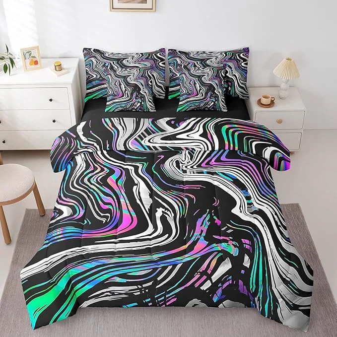 Breathable Neon Stripes Bedding Sets Colorful Gradient Geometric Lines Comforter Set for Kids Teens Adults All Season Comforter Flat Sheet Fitted Sheet 2 Pillowcases 2 Throw Pillow Covers Queen 7 Pcs Sustainable