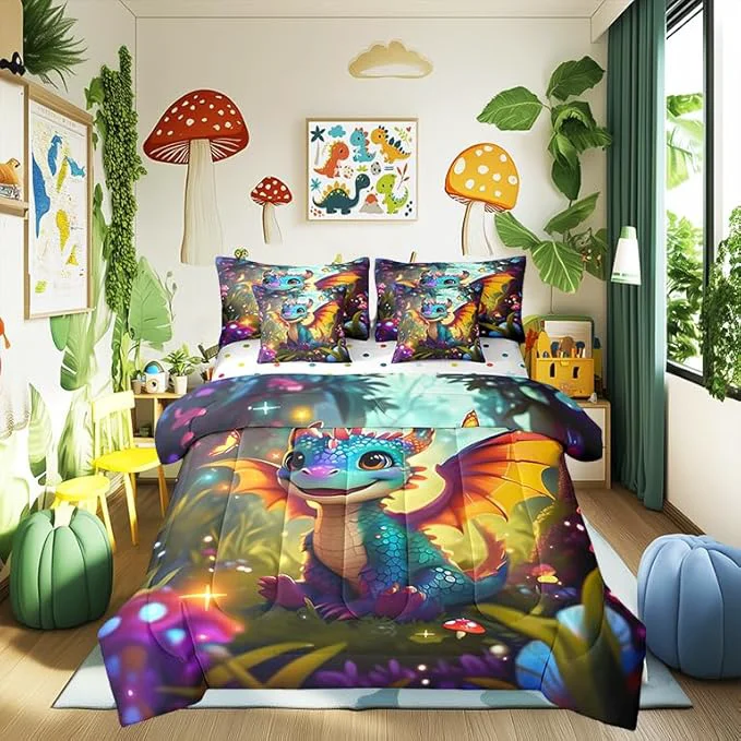 Fine Cartoon Dragon Bed in a Bag Comforter Set Western al Animal Full Size 7 Pieces for Kids Cute Jungle Mushroom Botanical Bedding Set with Comforter Sheet Set Pillowcases Pillow Covers Practical