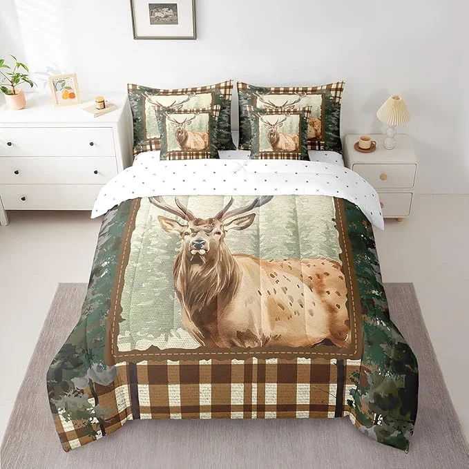 Sophisticated Erosebridal Elk Deer Comforter Set 7 Piece Bed in a Bag Twin Woodland Animals Bedding Sets Ombre Camouflage Sheet Set with Comforter Contemporary