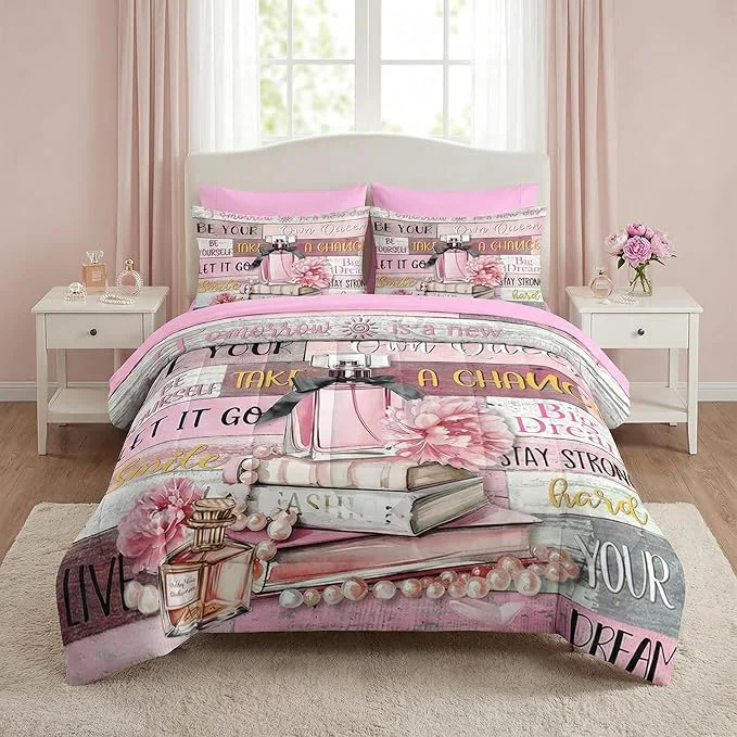 Solid Nesker Comforter Set Queen Size Girly Hot Pink Perfume 7 Pcs Bedding for Kids and Adults Girls Quotes Motivational Book Bed Sheet Sets with Fitted Sheet 2 Pillowcases amp 2 Shams Relaxed