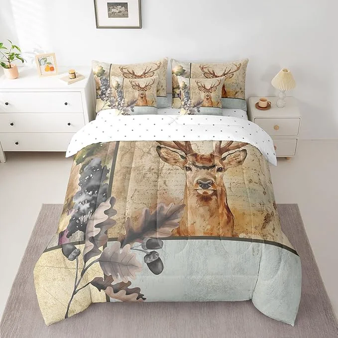 Elegant Elk Deer Bed in a Bag King Size Comforter Set 7 Pieces Woodland Animals Bedding Sets Moose Reindeer Sheet Set with Comforter Quality