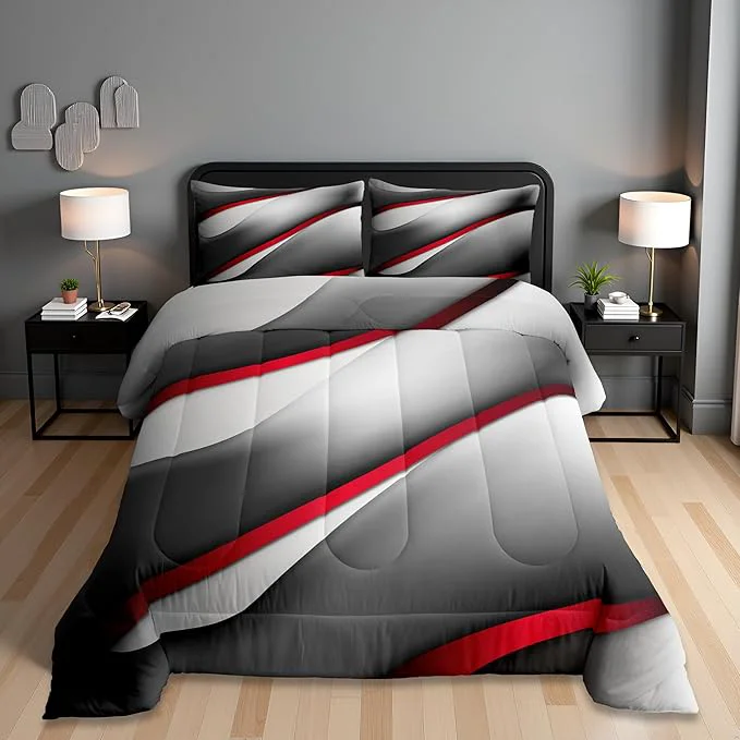 Quality Castle Fairy Modern Gray Red Black Comforter Set Twin Size Abstract Stripes Quilt Set 2pcs for Kids Youth Men Women Bedroom Decor 3D Stripes Bedding Set Gradient Simple Duvet Insert 1 Pillowcase Classic