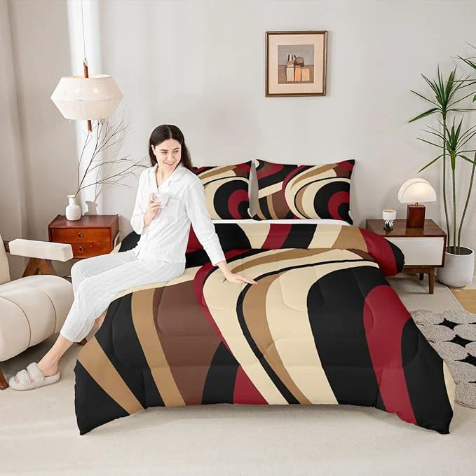 Sustainable Black Red Brown Comforter Set Full Size Vintage Abstract Stripes Bedding Set for Kids Girls Women Adult Bedroom Decor Geometric Circle Waves Quilt Set Soft Polyester Duvet Insert 3pcs Safe