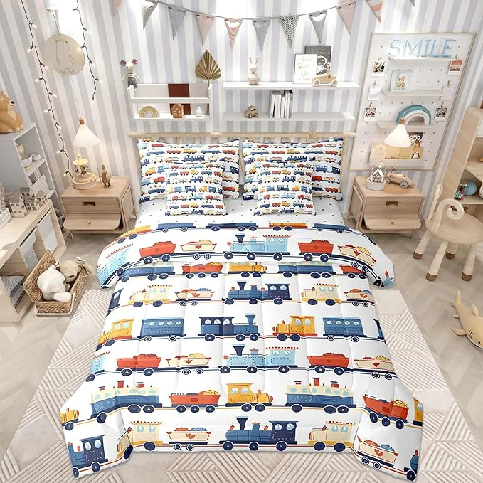 Powerful Castle Fairy Cartoon Train Comforter Set Twin Size Transport Vehicles Bedding Set for Kids Teens Vintage Train Tracks Comforter Fitted Flat Sheet 2 Pillowcases 2 Throw Pillow Covers 7 Pieces Environmentally Friendly