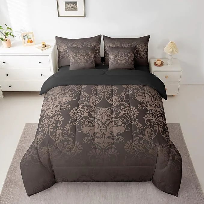 Optimized Erosebridal Gothic Damask Bed in a Bag King Size Comforter Set 7 Pieces Exotic Moth Bedding Sets Black Brown Victorian Floral Goth Sheet Set with Comforter Professional