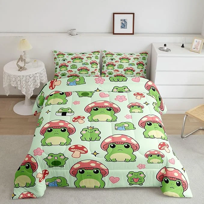 Durable Mushroom Frog Comforter Set Queen Size Cute Mushroom Bedding Set 3pcs for Kids Girls Boys Bedroom Decor Cartoon Animals Plants Quilt Set Pink Green Duvet Insert 2 Pillowcases Responsible