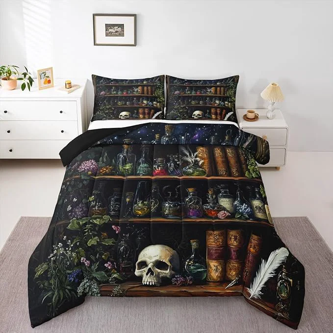 Certified Sugar Skull Comforter Set King Size Retro Wooden Bookshelf Bedding Set 3Pcs for Kids Teens Girls Boys Room Decor al Gothic Style Quilted Duvet Boho Floral Down Comforter 2 Pillowcases Traditional