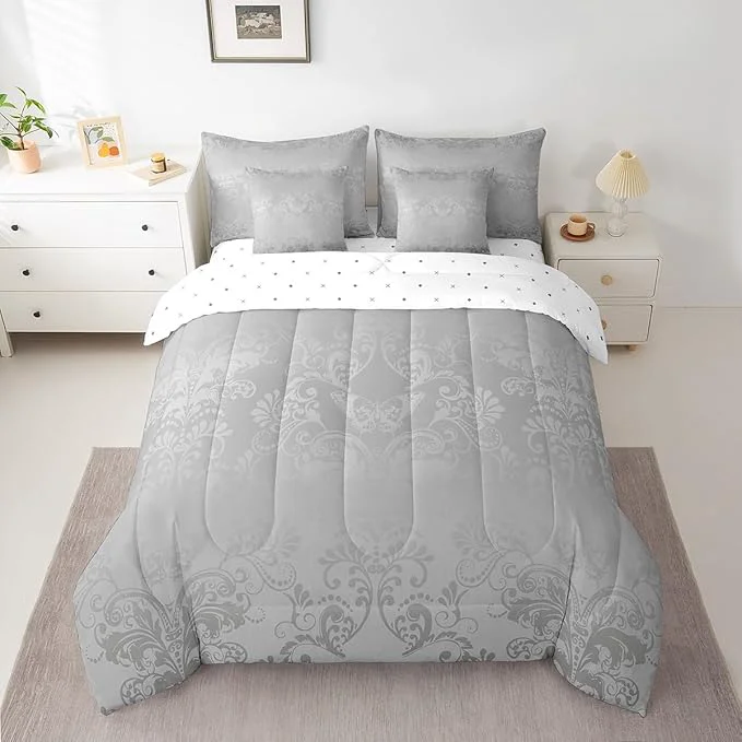 Fast Erosebridal Gothic Damask Bed in a Bag King Size Comforter Set 7 Pieces Butterfly Skull Bedding Sets Grey Victorian Floral Goth Sheet Set with Comforter Artisan