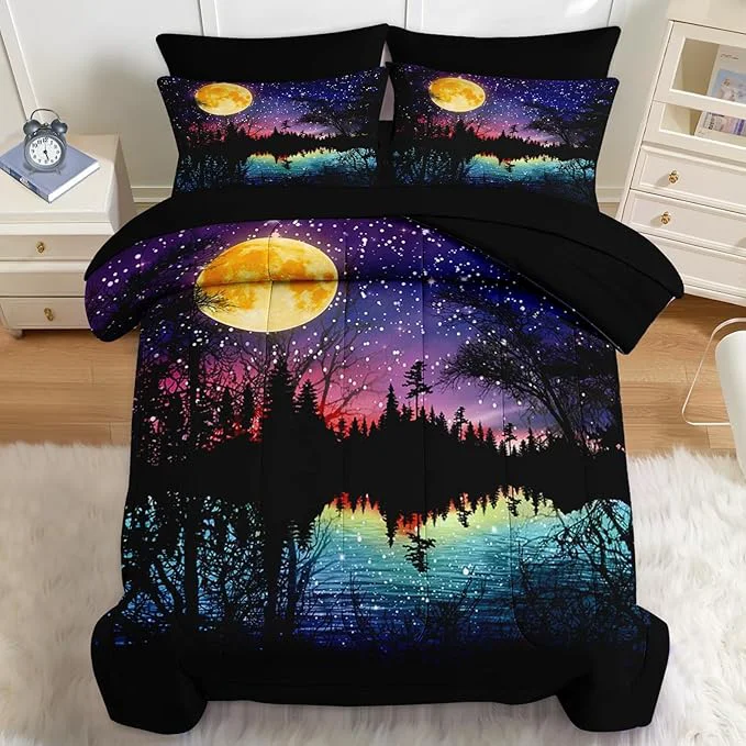 Casual Nesker Comforter Set Queen Size Starry Woodland Fantasy 7 Pcs Bedding for Kids and Adults Purple Lake Moonlight Bed Sheet Sets with Fitted Sheet 2 Pillowcases amp 2 Shams Excellent