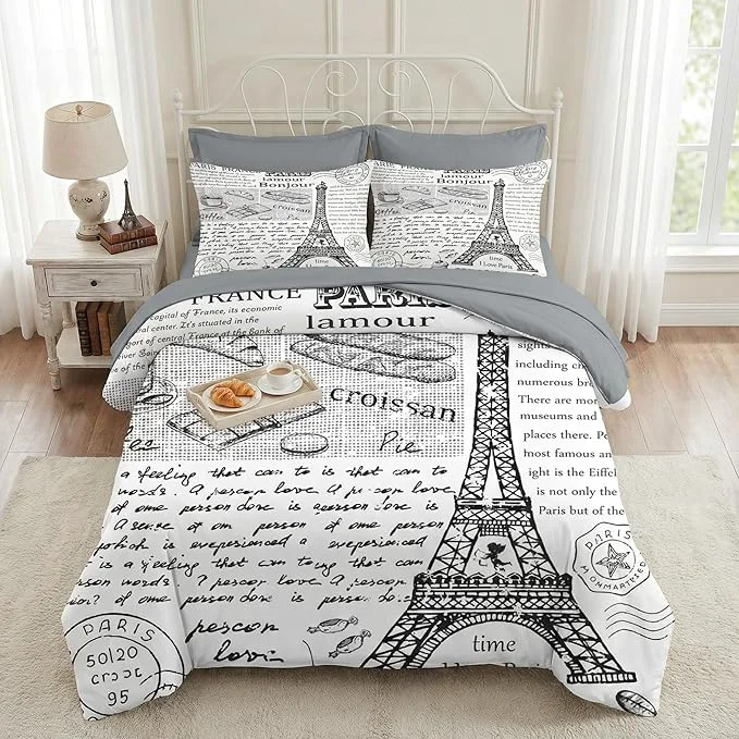 Versatile Nesker Comforter Set King Size Retro Eiffel Tower Paris 7 Pcs Bedding for Kids and Adults Vintage French Cafe Bed Sheet Sets with Fitted Sheet 2 Pillowcases amp 2 Shams Elegant
