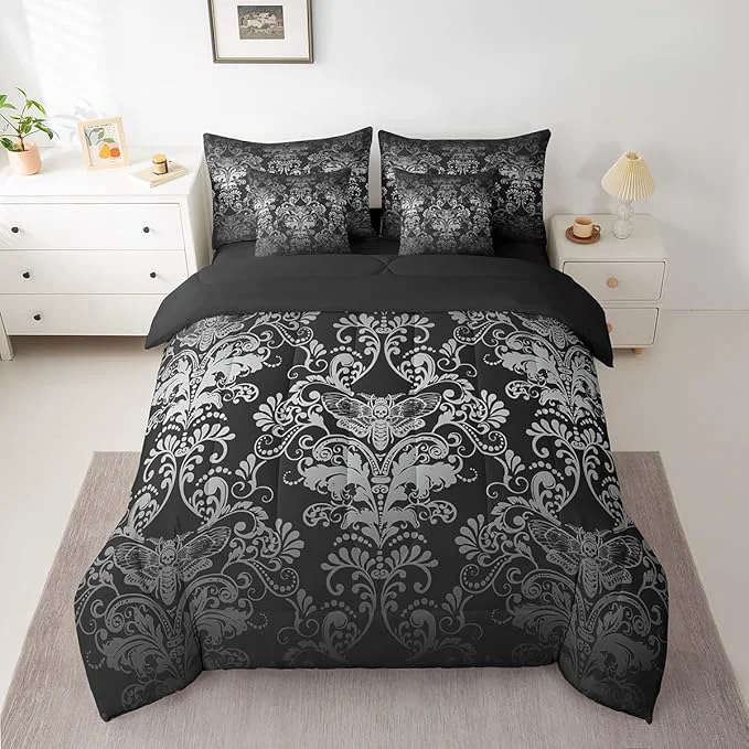 High-Grade Erosebridal Gothic Damask Comforter Set 7 Piece Bed in a Bag Twin Exotic Moth Bedding Sets White Black Victorian Floral Goth Sheet Set with Comforter Luxury