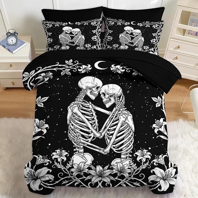 Practical Nesker Comforter Set Queen Size Gothic Kissing Skeleton Lover 7 Pcs Bedding for Kids and Adults Rose Black Lovers Black Bed Sheet Sets with Fitted Sheet 2 Pillowcases amp 2 Shams Certified