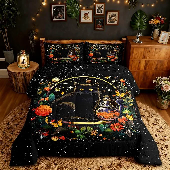 Fine Crafted Kids Cartoon Cat Comforter Set Full Size Colorful Flower Butterfly Leaves Botanical Bedding Set Bright Starry Sky Girls Boys Quilt Set Black Pet Animals Duvet Insert Boho Style 2 Pillowcases Secure
