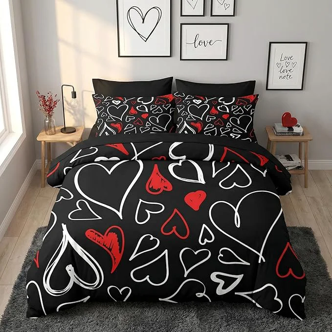 Fine Crafted Nesker Comforter Set Twin Size Heart Love Red Black 5 Pcs Bedding for Kids and Adults My Happy Valentine Bed Sheet Sets with Fitted Sheet Pillowcase amp Sham Fashionable