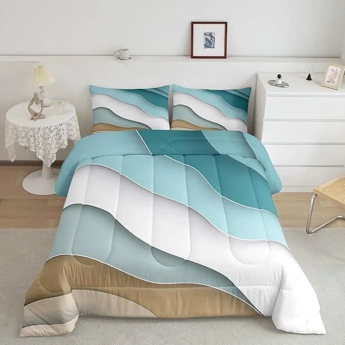 Premium Abstract Ombre Comforter Set Ocean Waves Bedding Set Decor Blue Sea and Beach Quilt Set Tropical Summer Contemporary Duvet Insert Teens Kids Adults Room Decor 2pcs Twin Size Original