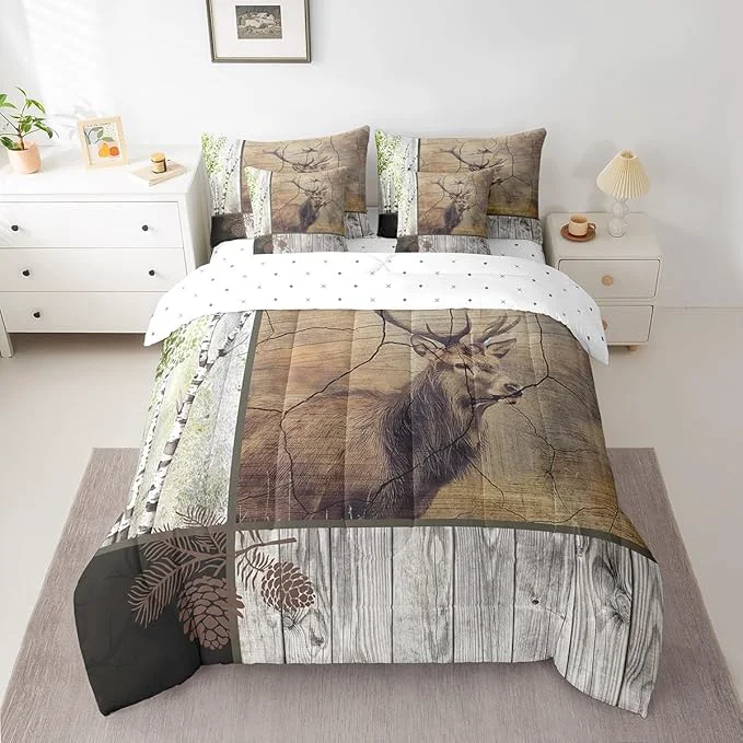 Relaxed Elk Deer Bed in a Bag King Size Comforter Set 7 Pieces Xmas Moose Reindeer Bedding Sets Birch Trees Sheet Set with Comforter Dependable