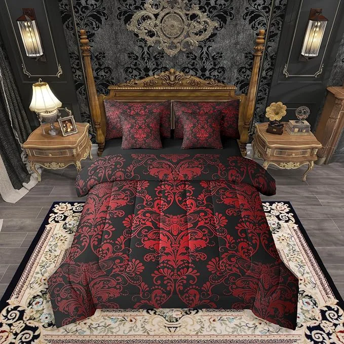 Enhanced Erosebridal Gothic Damask Bed in a Bag King Size Comforter Set 7 Pieces Exotic Moth Bedding Sets Red Black Victorian Floral Goth Sheet Set with Comforter Reliable